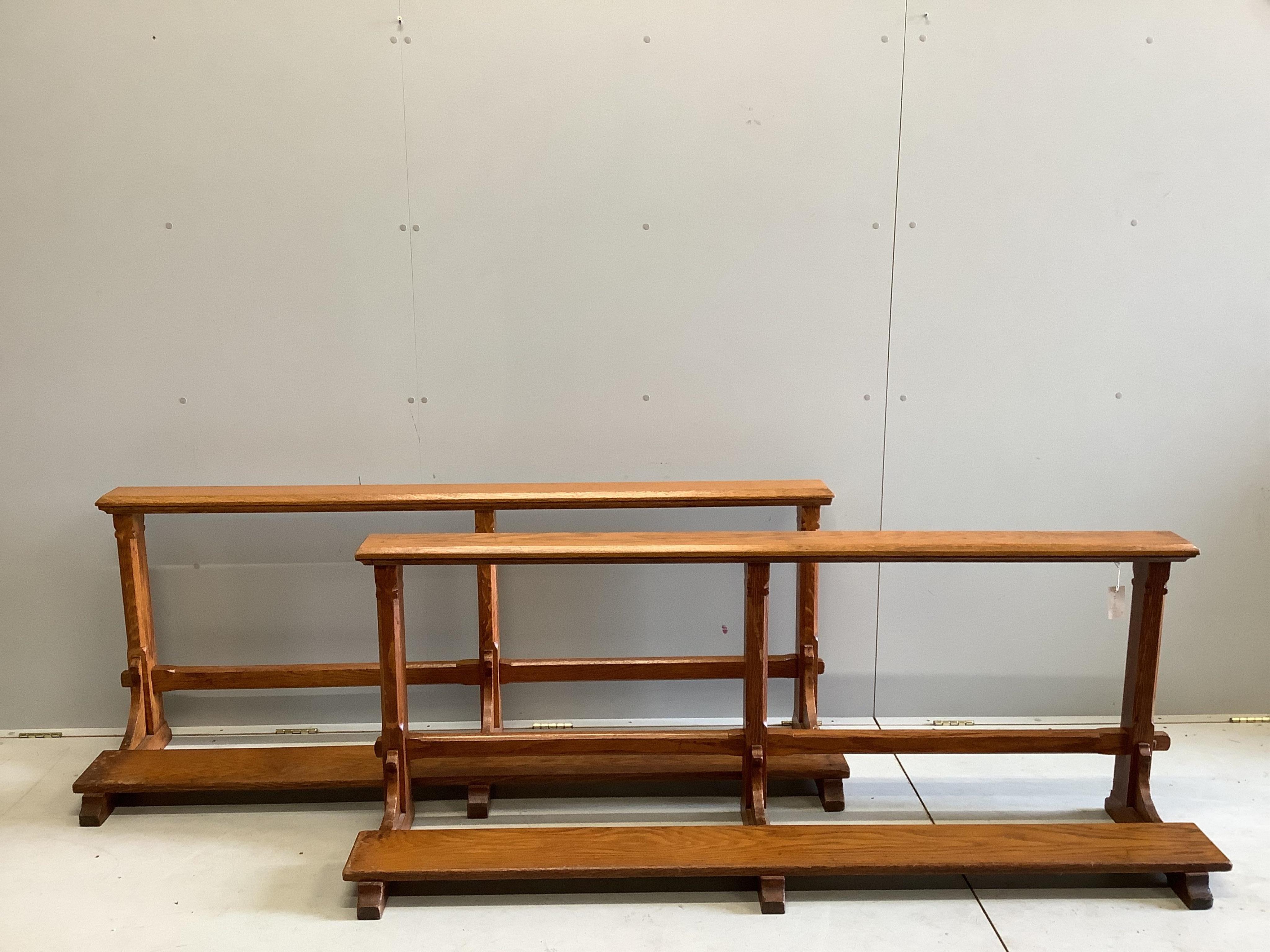 A pair of oak church rails, width 175cm, height 67cm. Condition - fair to good